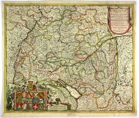 [Južné Nemecko] CIRCULUS SUEVICUS in quo sunt DUCATUS WIRTENBERGENSIS, MARCHIONATUS BADENSIS, & BURGOVIENSIS, COMITATUS OTTING, RECHBERG, KONIGSEK HOHENZOLERN, & FURSTENBERG, BARONATUS LIMPURG, WALDBURG, & IUSTINGEN, STATUS DOMUS FUGGERORUM, EPISCOPATUS AUGUSTAE, & CONSTANCIAE ABBATIA KEMPTENSIS, et TERRITORIUM ULMENSE