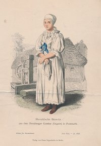 [Žena z Prešporskej župy v slávnostnom odeve] Slovakische Bäuerin aus dem Pressburger Comitat in Festtracht